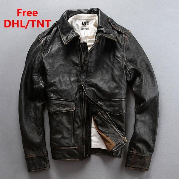

cowhide jacket men's flight a1 pilot genuine leather vintage jacket motorcycle rider coat dhl fast shipping1, Black