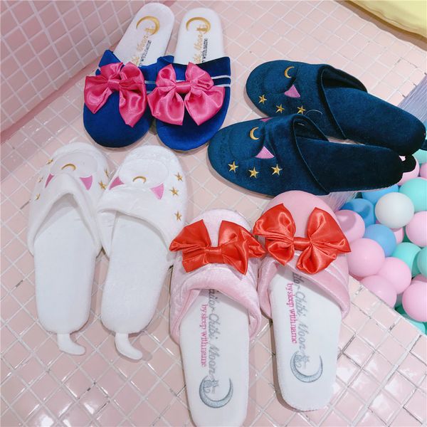 

аниме моряк луна пэчворк лук вышивка kawaii lolita тапочка дома теплые плюшевые туфли мультфильм кошка спальня пол бархат косплей y201026, Black