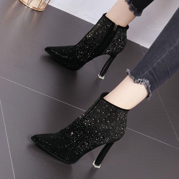 

boots fashion crystal women boot thin heels ankle for high pointed toe flock short shoes autumn spring, Black