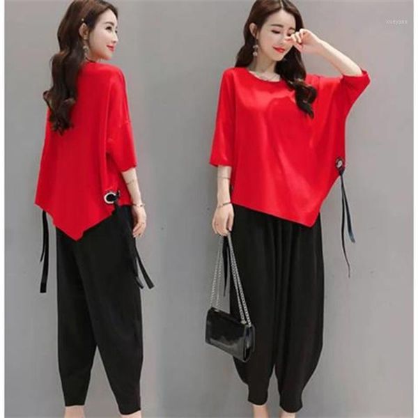 

women's summer new two pieces set women loose casual + vintage lantern pants suit set stretch sweatshirt suit plus size1, Gray