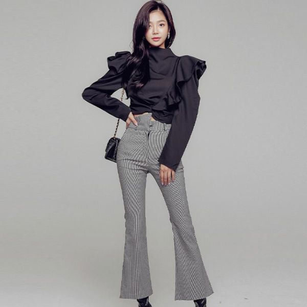 

2020 puff sleeve ruffles solid loose high waisted slim plaid flare pant casual 2 piece sets, Gray