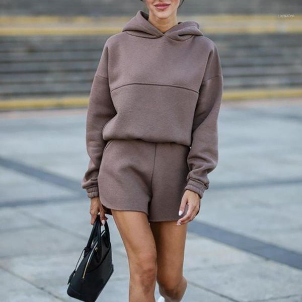 

women autumn winter solid color long sleeve hoodie blouse shirt two-piece outfit1, Gray