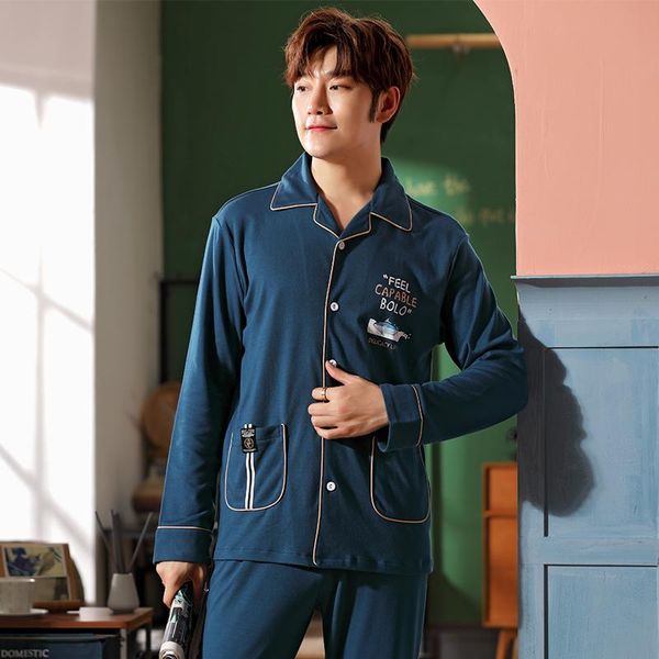 

men's sleepwear pajamas, pure cotton autumn and winter styles, teenagers casual pajamas suit, cardigan lapel, Black;brown