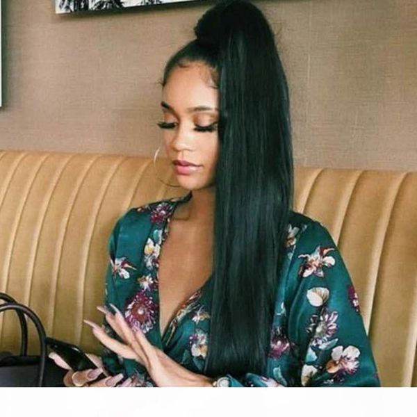 

100% real human hair ponytails hairpiece straight wrap ribbon clip in ponytail hair extensions 18inch (100g-160g 2# dark brown, Black