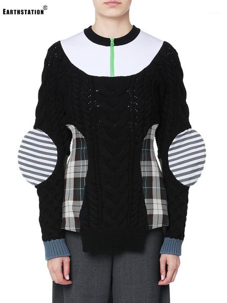 

heavy crafts, hit color, round neck, knit, stitching, check pattern, sweater, pullover, new style for autumn, all-match 1, White;black