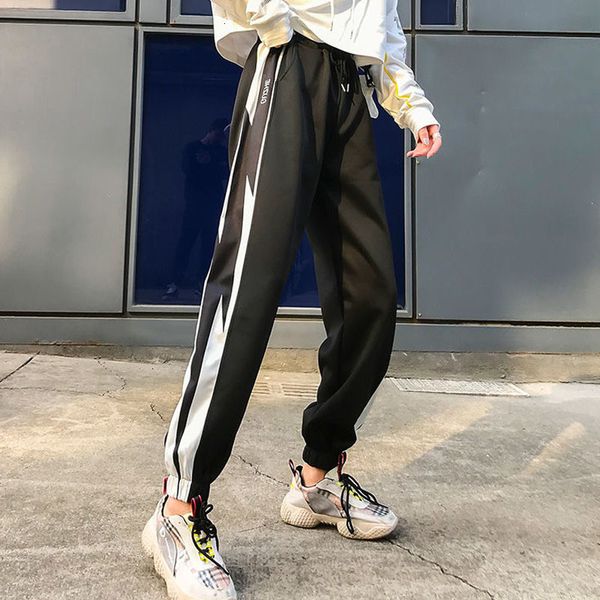 

new women's corduroy 2021 sports pants, stripe side, jogging, ladies, high, pants. 9tup, Black;white