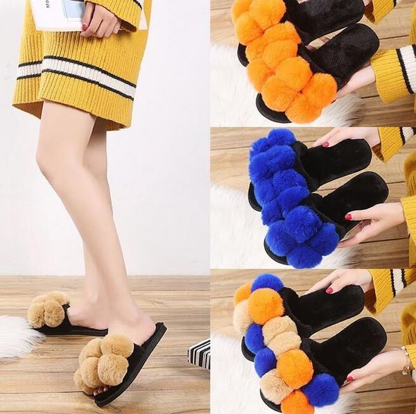 

designer winter warm women slippers plush casual luxury solid color flat fur slippers home ladies outdoor slides flip flops sandals, Black