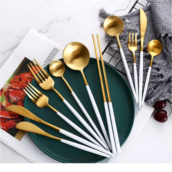 

white gold dinnerware steak knife fork coffee spoon butter knives chopstick dessert knife ice spoon stainless steel cut sqcldx
