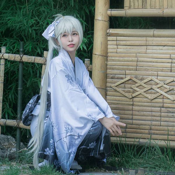 

sky wild spring white kimono day bathrobe cosplay costume female animation, Black;gray