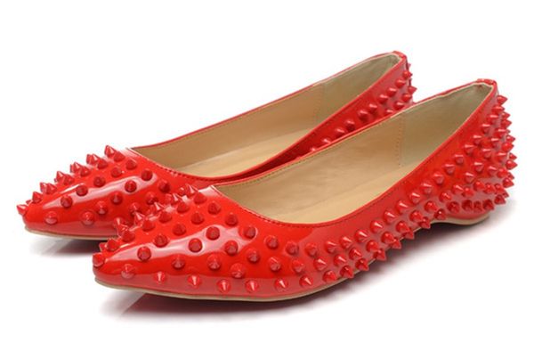 

luxe black leather with spikes pointed toes womens flat sandals pumps fashion designer ladies red bottom women studs shoes pumps