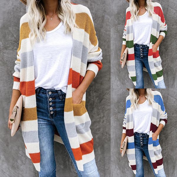 

2021 autumn and winter new long correspondence cardigan pocket woman's knitted coat isws, White;black