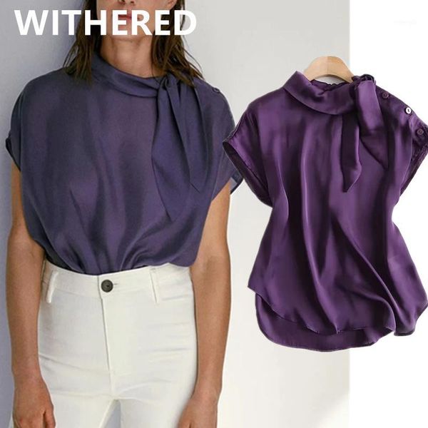 

withered england office lady simple solid purple shoulder buttons fake silk satin blouse women blusas mujer de moda 2020 1, White