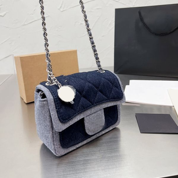 

denim classic mini flap quilted square bags silver metal hardware matelasse chain crossbody shoulder charms cosmetic case spring luxury desi