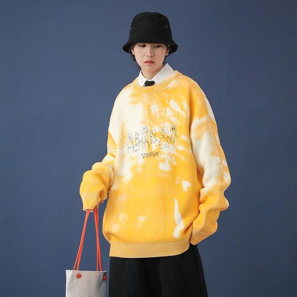 

women's sweaters autumn tie dye with stick figure printing korean fashion trends knit pullover for women crew neck yellow jumper, White;black