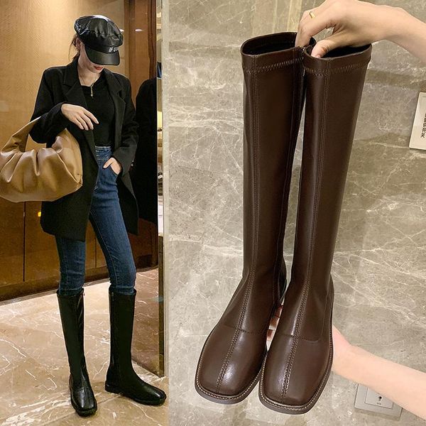 

women's leather boots shoes round toe luxury designer thigh high heels high booties ladies boots-women zipper winter, Black
