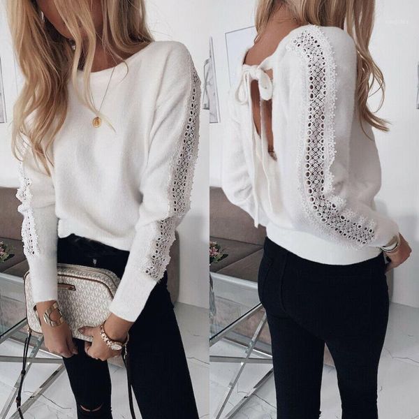 

elegant women hollow out lace long sleeve baggy o neck backless bow knot tied loose blouse casual jumper plus size1, White