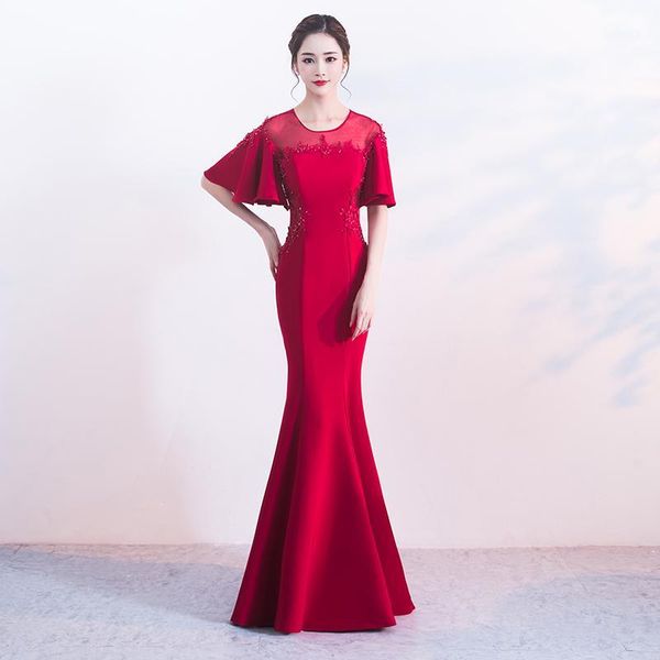 

exquisite appliques evening dress women fishtail formal dress burgundy slim cheongsam elegant party prom qipao1, Red