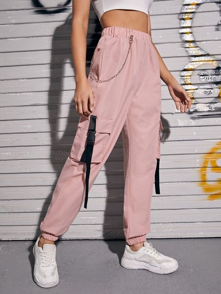 

flap pocket buckle tape cargo pants with chain 58bq#, Black;white