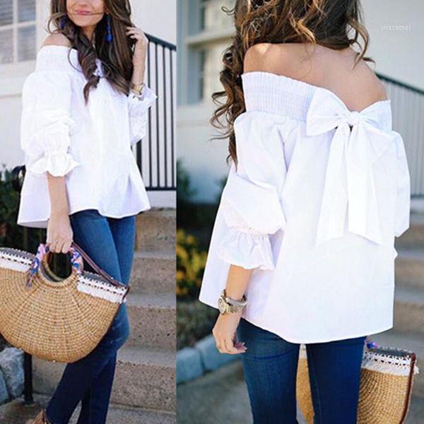 

women slash neck blouse casual loose off shoulder long sleeve female strapless back bowknot shirts1, White