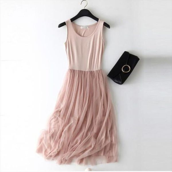 

sleeveless mesh patchwork basic spaghetti strap dress for women 2020 spring tulle elastic lace vest summer dress female, Black;gray