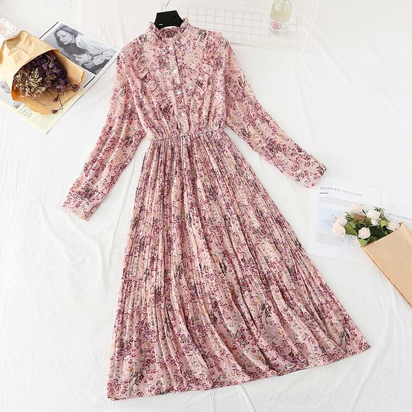 

2021 new new floral plaid in spring and autumn ladies chiffon long waist high a line big swing dress, Black;gray