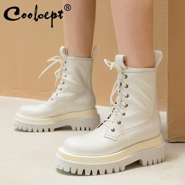 

coolcept real leather woman ankle boots fashion platform winter shoes woman warm thick heel short boot lady footwear size 34-40, Black