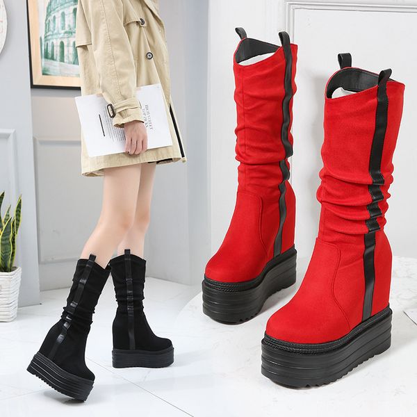

platform wedge 2020 high heels mid calf woman boots 13cm women shoes zxh6, Black