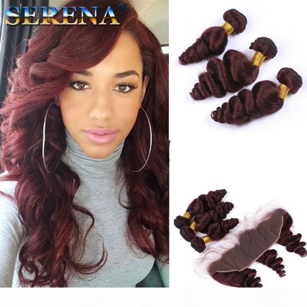 

wine red burgundy brazilian hair bundles with frontal lace closure #99j loose wave wavy human hair weaves with full lace 13x4 frontal, Black;brown