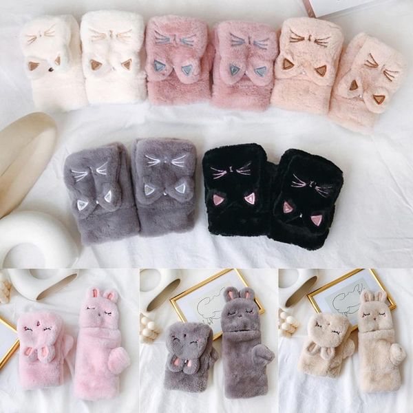 

korean women men winter fluffy plush half finger gloves cartoon animal embroidery 3d ears convertible flip fingerless, Blue;gray