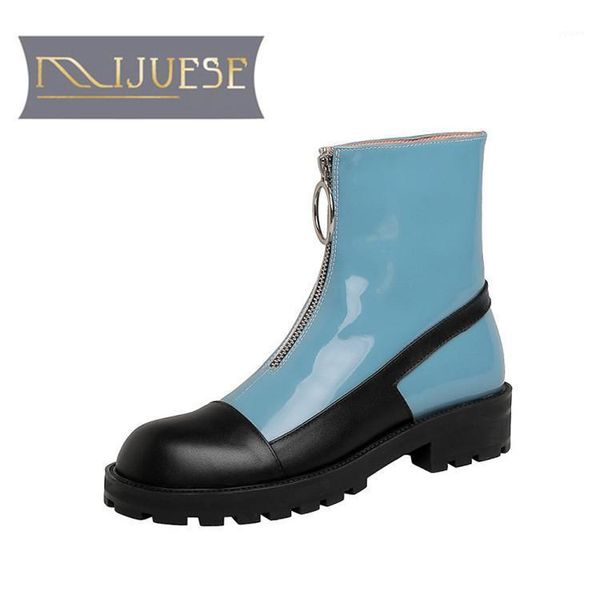 

boots mljuese 2021 women ankle cow leather winter short plush round toe zipper med heels female riding size 401, Black