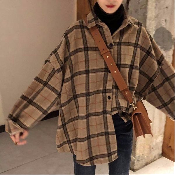 

spring and autumn new shirt korea original wool plaid shirt loose oversized lapel long sleeve jacket for women, White