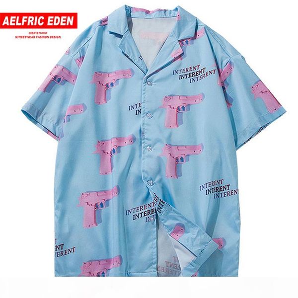 

aelfric eden turn-down shirts men 2019 summer hawaii style pink gun 3d print casual streetwear hip hop short shirt c19040402, White;black