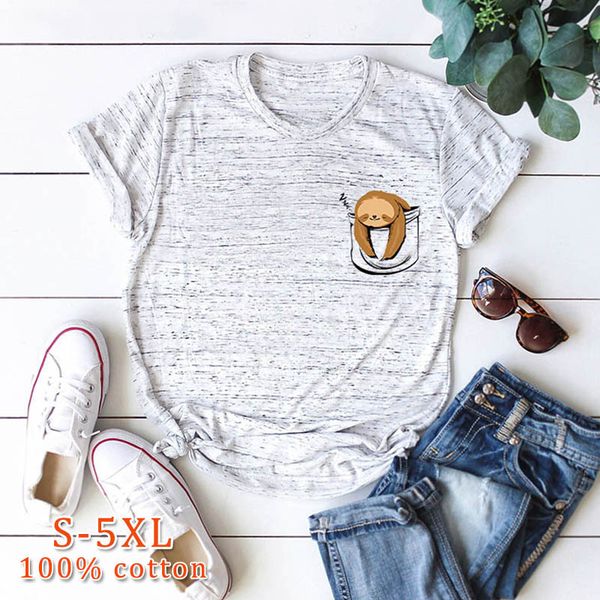 

2021 new cotton harajuku t funny cute pocket sloth print t-shirt women tee shirt femme tshirt summer plus size 5xl 74im, White