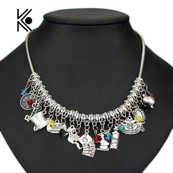 

2020 brand new diy jewelry alice in wonderland mad hatter hat eat me drink me mini bottle stainless steel chain pendant necklace, Silver
