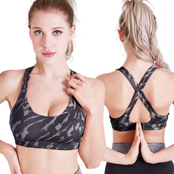 Женская одежда Женщины камуфляж Cress Cross Back Back Bras Elastic Shock -Reseper Fast Dry Dry Bdad Bra Rought Top Fitnes