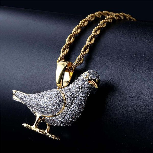 

hip hop jewelry iced out pigeon pendant necklace with gold chain for men micro pave zircon animal necklace, Silver