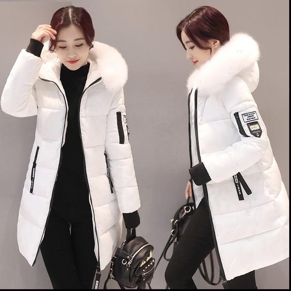 

2021 winter jacket women parka coat big fur collar hooded thick warm down cotton jacket parkas long female coat casualoutwear, Black