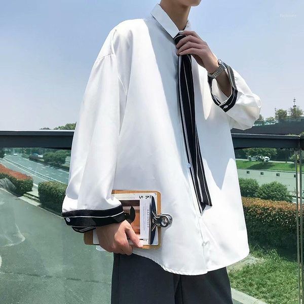 

dress shirt men's fashion social men shirt gray black white tie man streetwear loose long-sleeved shirts mens -3xl1, White;black