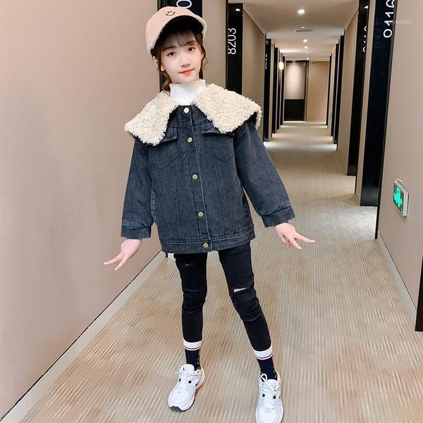 

coat girls' jean jacket 2021 winter style retro maomao hai jun ling thick korean-style large fur collar 1, Blue;gray