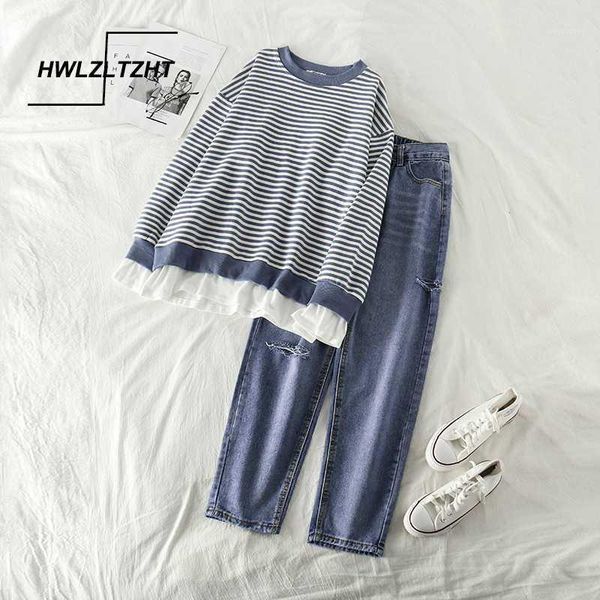 

hwlzltzht two piece set fake two pieces women pullover stripe sweatshirt high-waisted denim pants hole jeans women's clothing1, White