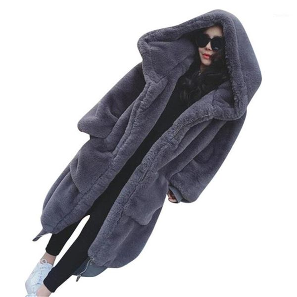 

new winter warm thick rex hair coat women long sleeve faux fur jacket female hooded loose outwear parka long coats sf11021, Black