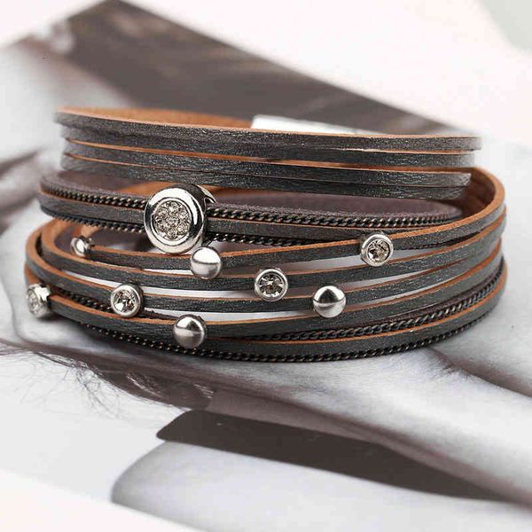 

bangle charm bracelets alloy magnetic buckle rhinestone multi-layer woven wind bracelet women's ins minority design handmade jewelry, Golden;silver