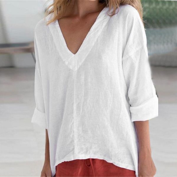 

women's shirts cotton linen blouse summer v neck half sleeve solid loose shirt casual basic white black beachwear blouse women