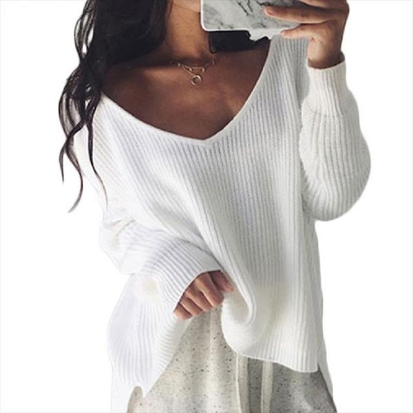 

off shoulder oversized knitted sweater women deep v neck irregular split pullover knitwear autumn winter lady jumper, White;black