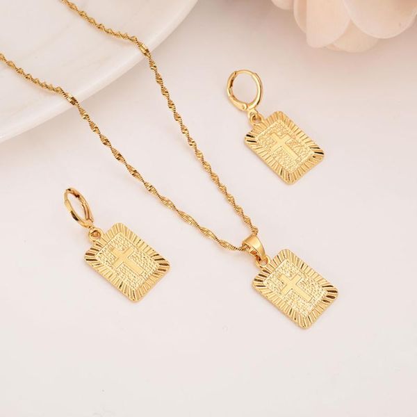 

22 k 23 k 24 thai baht solid fine yellow gold gf christian square cross pendant drop necklace chain earrings sets jesus gift, Silver