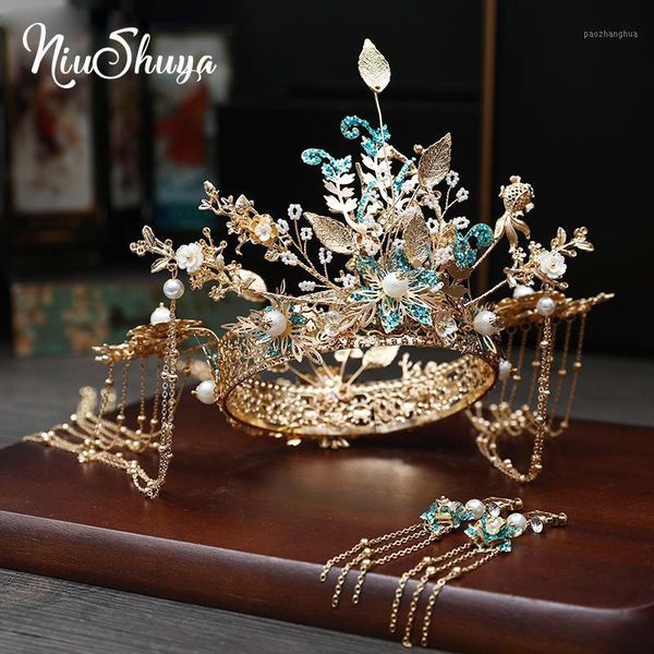 Niushuya Vintage Chinese Bridal Crown Wedding Headdress Аксессуары Золотой Листья Синий Блеск Цветок Волос Украшения Зажимы Barnettes