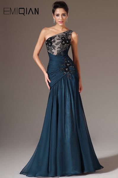 Vestidos de noite de chiffon azul escuro, um ombro sereia vestidos de noite, laço preto applique longos vestidos de festa de noite formal lj201123
