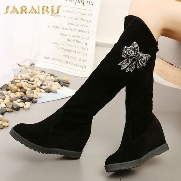 

sarairis new arrivals 2020 increasing high heel shoes woman boots female platform dropship comfy autumn winter knee high boots, Black