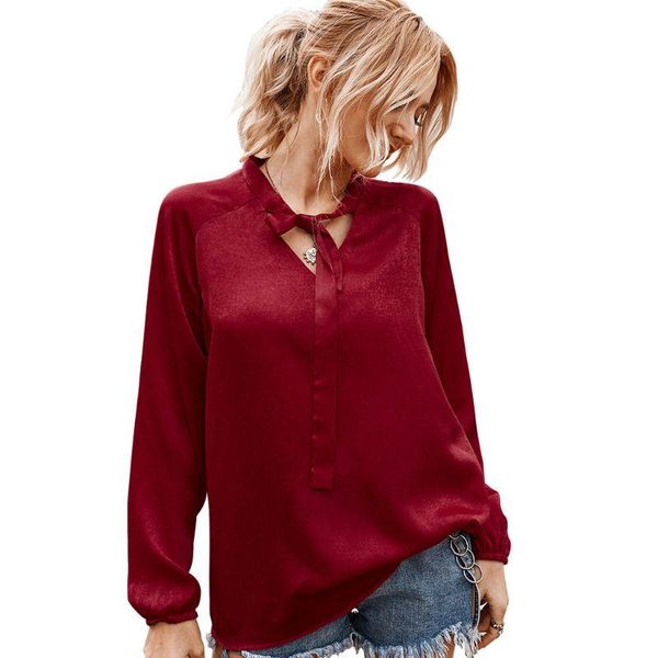 

women autumn long sleeves blouse v-neck loose neck tie casual shirt, White