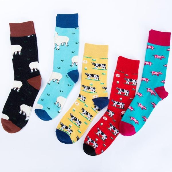 

jhouson 1 pair colorful print farm harajuku cartoon animals sheep cow pig pattern happy funny socks men comfortable cotton socks1, Black